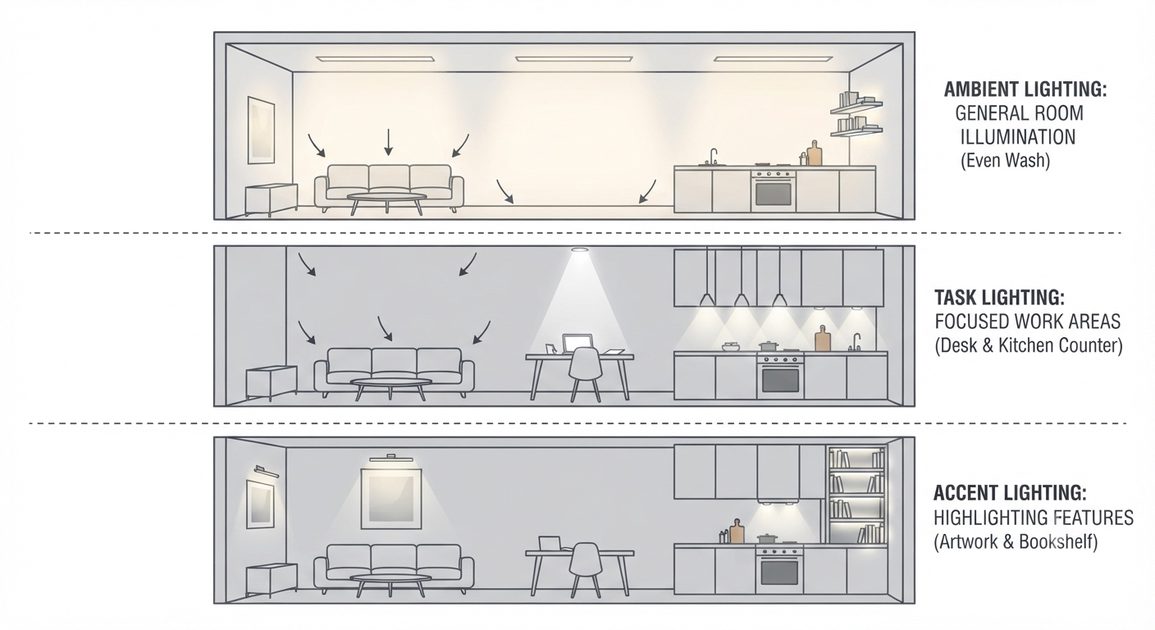 A three-layer lighting diagram with ambient ceiling light, task light on a desk and counter, and accent light on wall art and bookshelf.