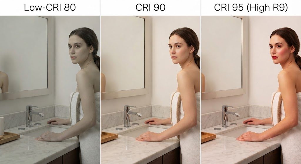 Three-panel comparison of bathroom vanity lighting: 80 CRI, 90 CRI, and 95 CRI with high R9, showing the visible improvement in skin tone rendering.