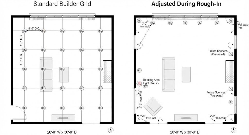 New Build Lighting: Builder Grid vs. Adjusted Rough-In Plan Top-down plan comparison of a living room lighting layout: standard builder grid versus adjusted layout with wall-wash placement, sconce junction boxes, and separate circuits.
