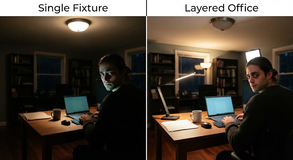 Home Office Lighting: Single Fixture vs. Layered Setup Split comparison of a home office: single overhead fixture causing screen glare and facial shadows versus layered lighting with desk lamp, wall-wash floor lamp, and video call light.