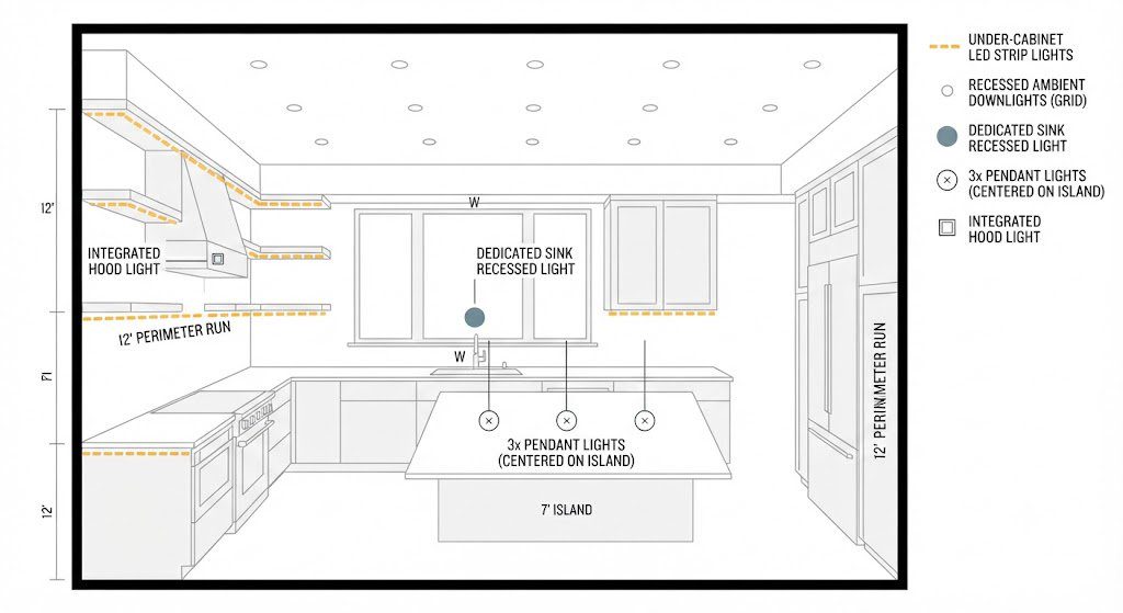 Kitchen Lighting Plan with Task, Ambient, and Accent Layers Top-down kitchen lighting plan diagram showing under-cabinet LED strips, island pendants, recessed ceiling grid, and dedicated sink light with labels.