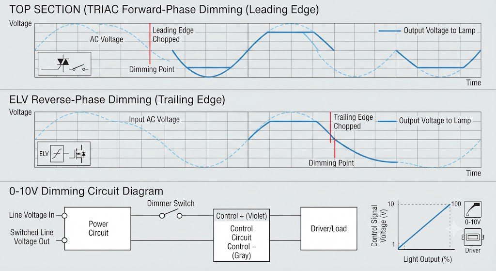 Technical diagram comparing TRIAC forward-phase, ELV reverse-phase, and 0-10V dimming waveforms and wiring.
