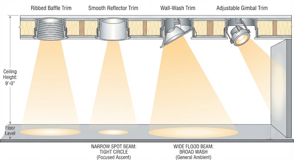 Recessed Light Trims and Beam Angles Explained Cross-section diagram of a ceiling comparing four recessed light trims — baffle, reflector, wall-wash, and adjustable gimbal — with narrow spot and wide flood beam patterns on the floor below.
