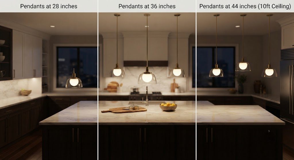 Pendant Height Comparison: Too Low, Correct, and Too High Three-panel comparison of pendant heights above a kitchen island: too low at 28 inches, correct at 36 inches, and too high at 44 inches, showing sightline and proportion differences.
