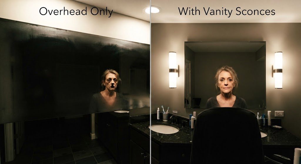 Bathroom Vanity Lighting: Overhead vs. Sconce Placement Split comparison of bathroom vanity lighting: overhead recessed light creating harsh facial shadows versus wall sconces at 60 inches creating even, flattering illumination.