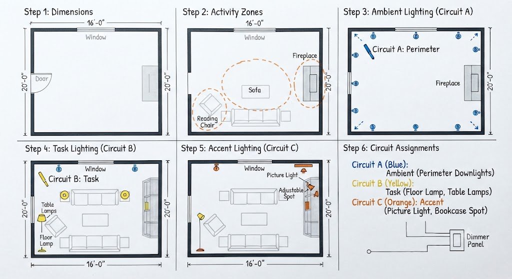 Top-down floor plan of a living room showing the six-step lighting design process: dimensions, activity zones, ambient perimeter lights, task lights, accent lights, and circuit assignments in colored markers.