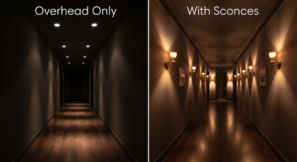 Split comparison of a hallway: left side lit only by overhead recessed lights creating a narrow, dark-walled tunnel effect, right side transformed by wall sconces creating warm, wide, inviting illumination.