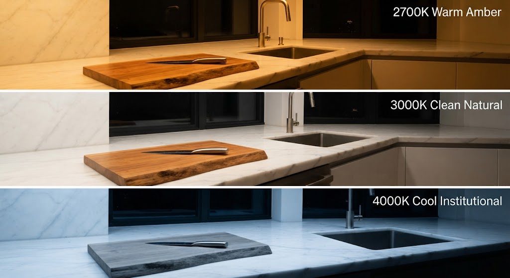 Color Temperature Comparison: 2700K vs 3000K vs 4000K in a Kitchen Three-panel comparison of a kitchen under 2700K warm, 3000K neutral, and 4000K cool lighting, showing the dramatic effect of color temperature on materials and mood.