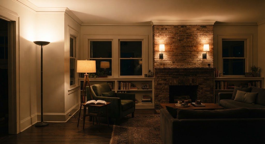 A Montrose bungalow living room at night with layered lighting: torchiere floor lamp, task floor lamp at reading chair, and wall sconces flanking a brick fireplace.
