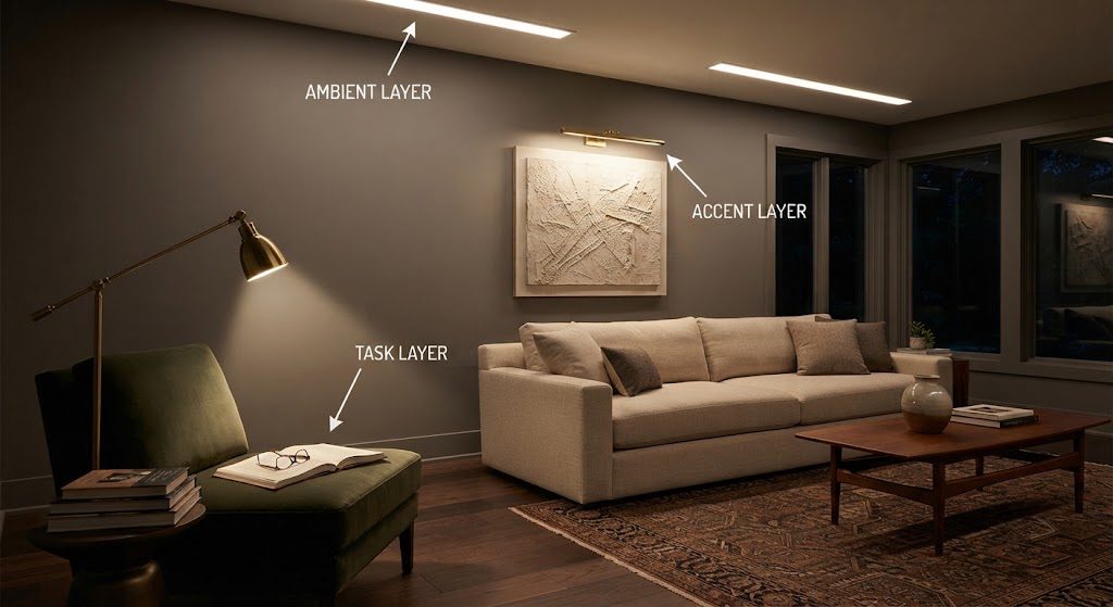 Ambient, Task, and Accent Lighting Layers in a Living Room A living room at night with three labeled lighting layers: ambient wall wash from recessed lights, task light on a reading chair from a floor lamp, and accent picture light over a sofa painting.