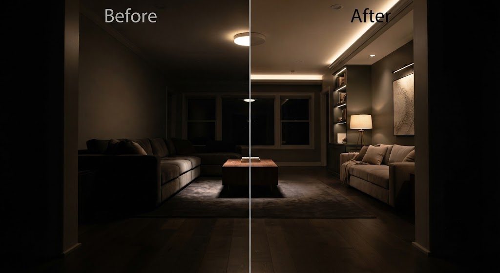 Before and After: Single Fixture vs. Layered Lighting in a Living Room Split comparison of a living room at night: left side lit by a single overhead fixture causing harsh shadows and dark corners, right side transformed with layered ambient, task, and accent lighting.