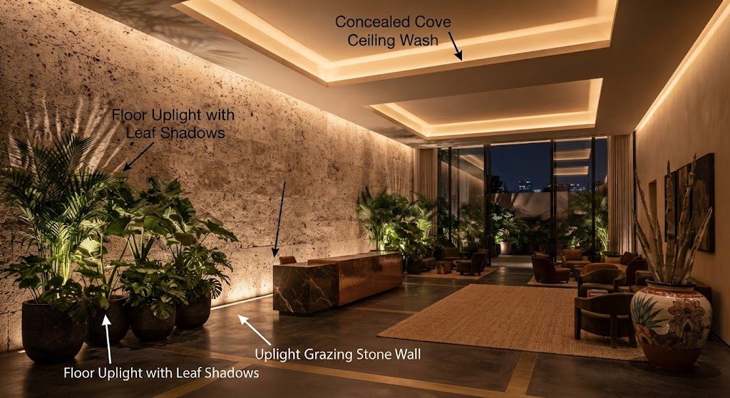Indirect Lighting Techniques from a Mexico City Hotel Lobby Hotel lobby at night with three indirect lighting techniques labeled: cove lighting washing the ceiling, grazing light on a textured stone wall, and uplight behind plants casting leaf shadows.