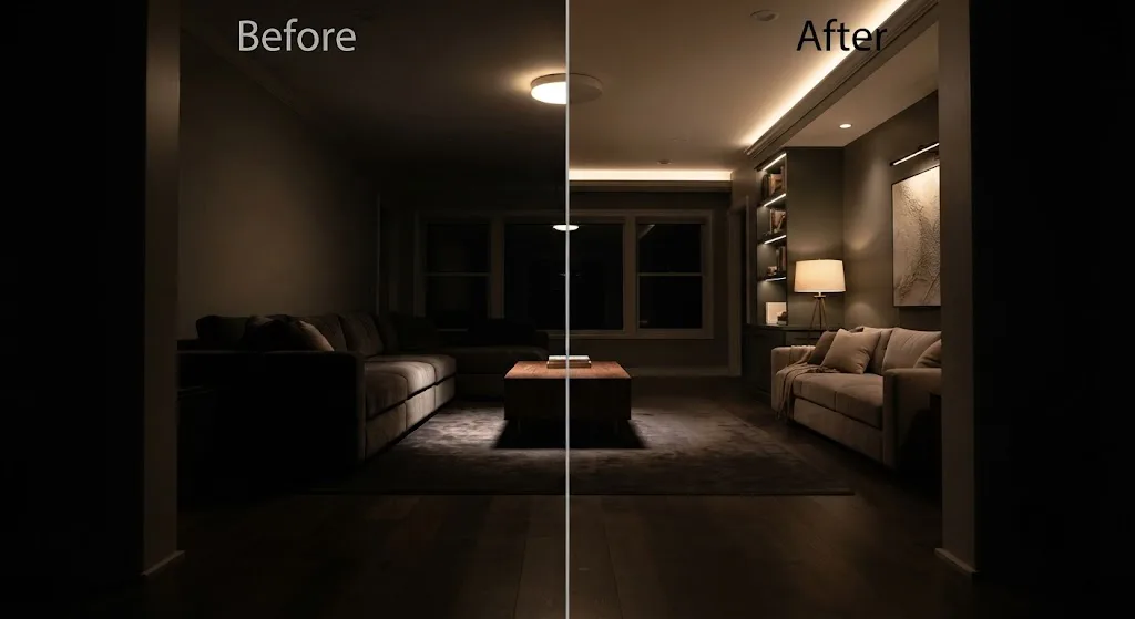 Split comparison of a living room at night: left side lit by a single overhead fixture causing harsh shadows and dark corners, right side transformed with layered ambient, task, and accent lighting.